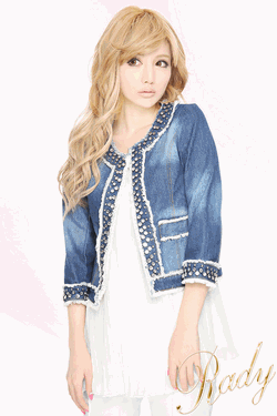 Rady 通販 ノーカラースタッズジュエリーデニムジャケット